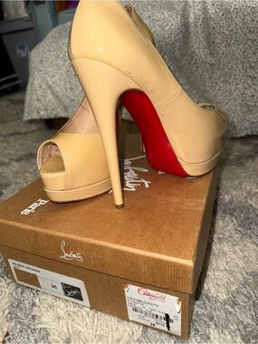 Christian Louboutin Beige Patent Peep-Toe Platform Pumps with Red Sole